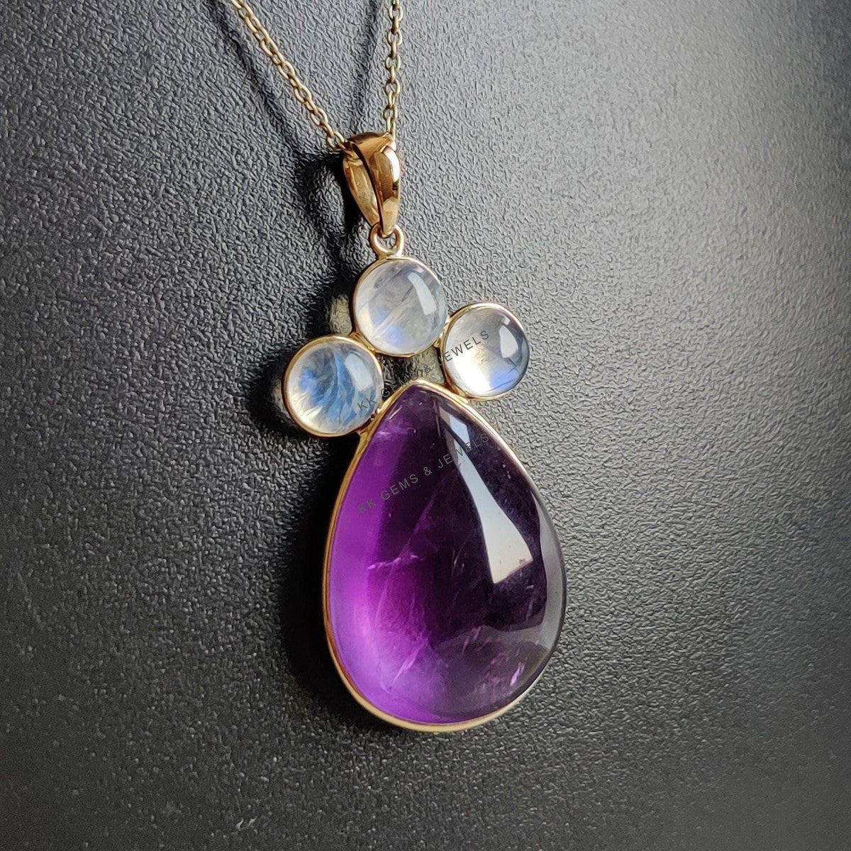 14K Solid Yellow Gold Natural Purple Amethyst & Rainbow Moonstone Pendant, February Birthstone