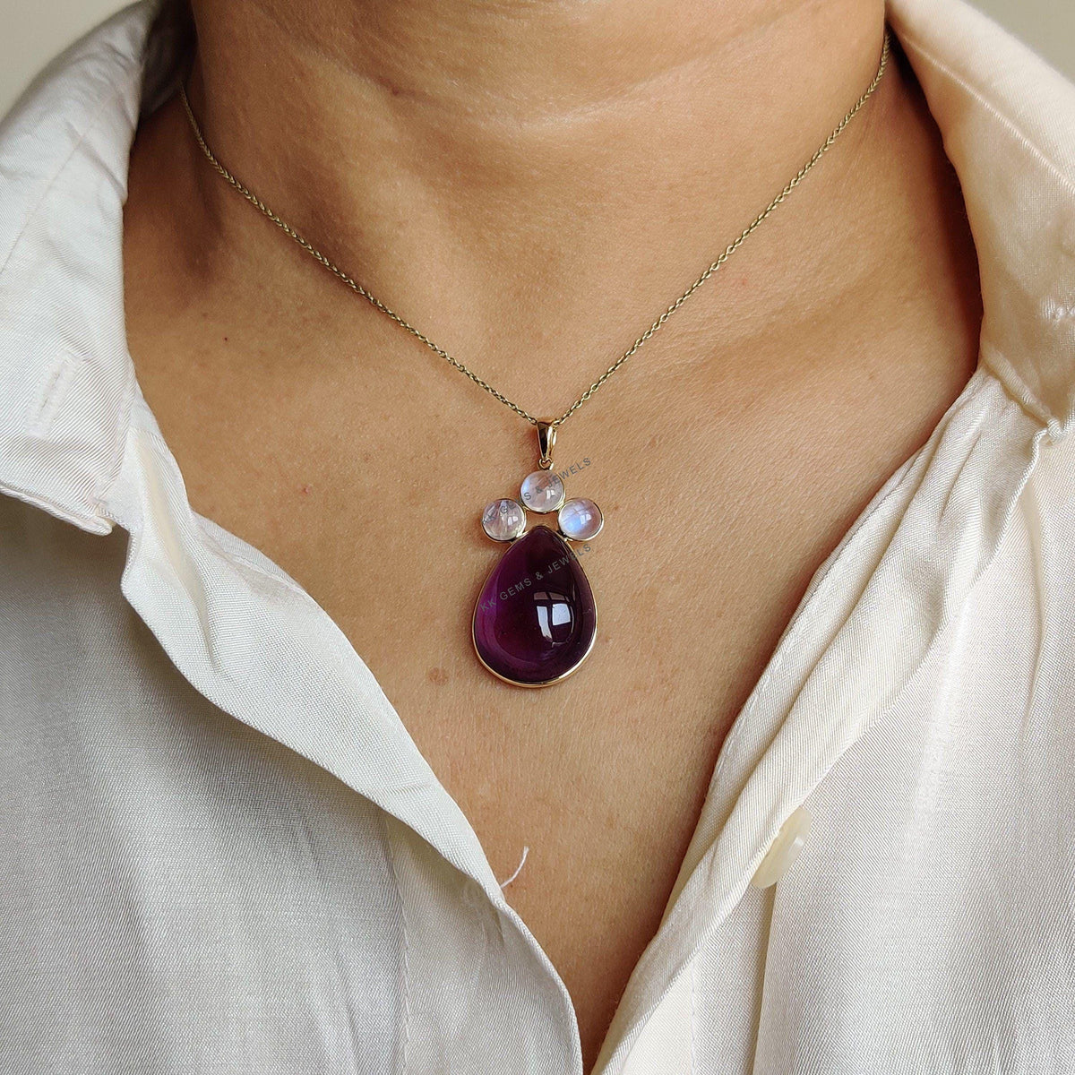 14K Solid Yellow Gold Natural Purple Amethyst & Rainbow Moonstone Pendant, February Birthstone