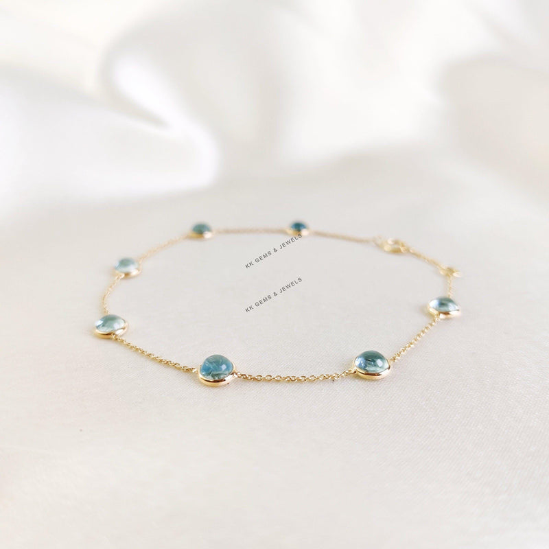 Natural Aquamarine 14K Solid Yellow Gold Bracelet, Bezel Set March Birthstone Bracelet,