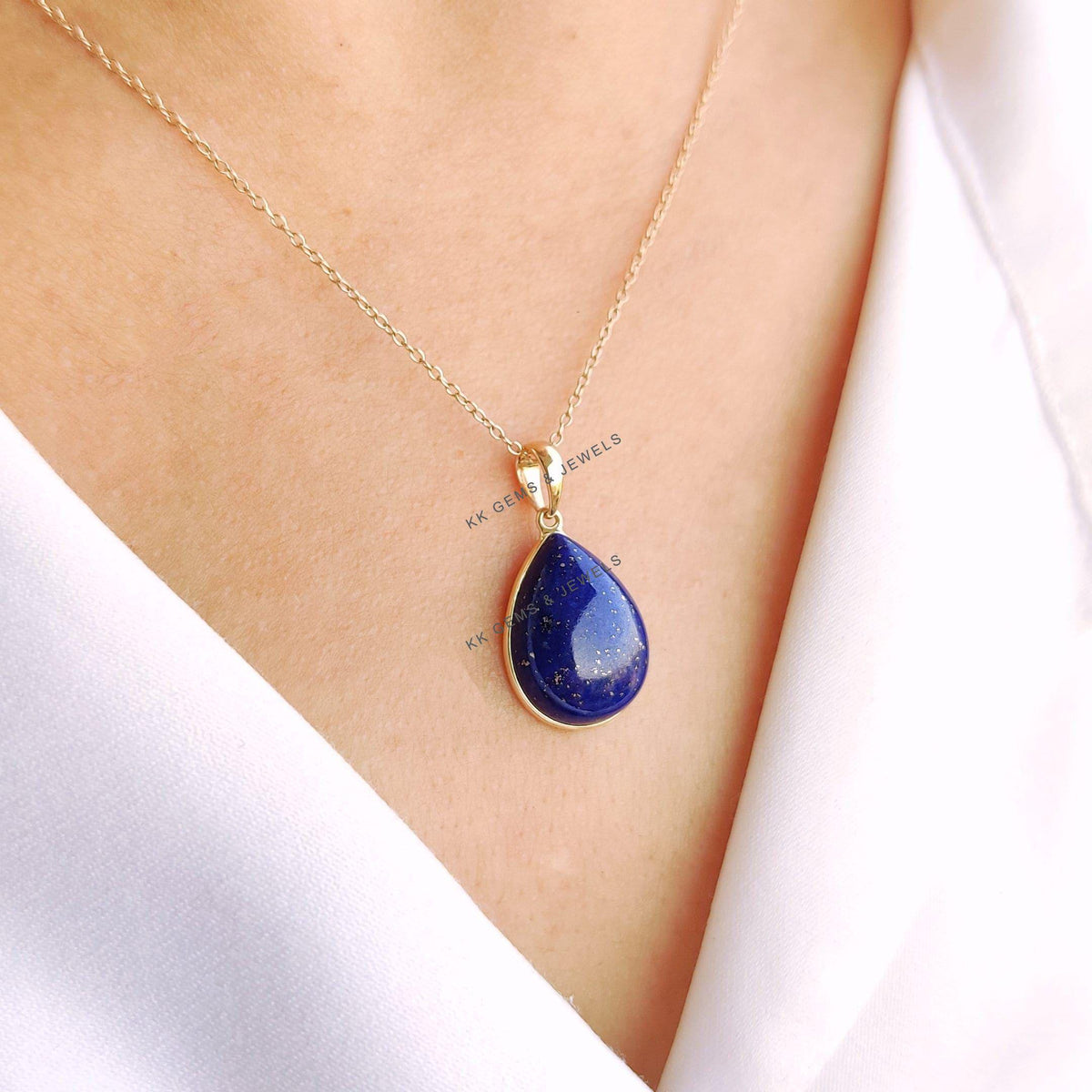 14K Solid Yellow Gold Natural Lapis Lazuli Pear Pendant, September Birthstone