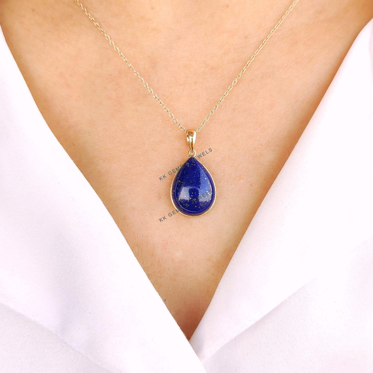 14K Solid Yellow Gold Natural Lapis Lazuli Pear Pendant, September Birthstone