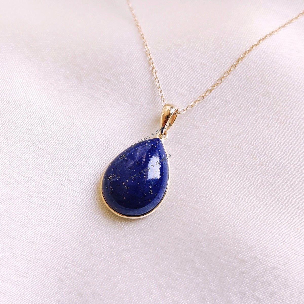 14K Solid Yellow Gold Natural Lapis Lazuli Pear Pendant, September Birthstone