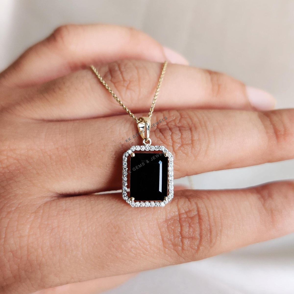 Natural Black Onyx & Diamond 14K Solid Yellow Gold Pendant - December Birthstone