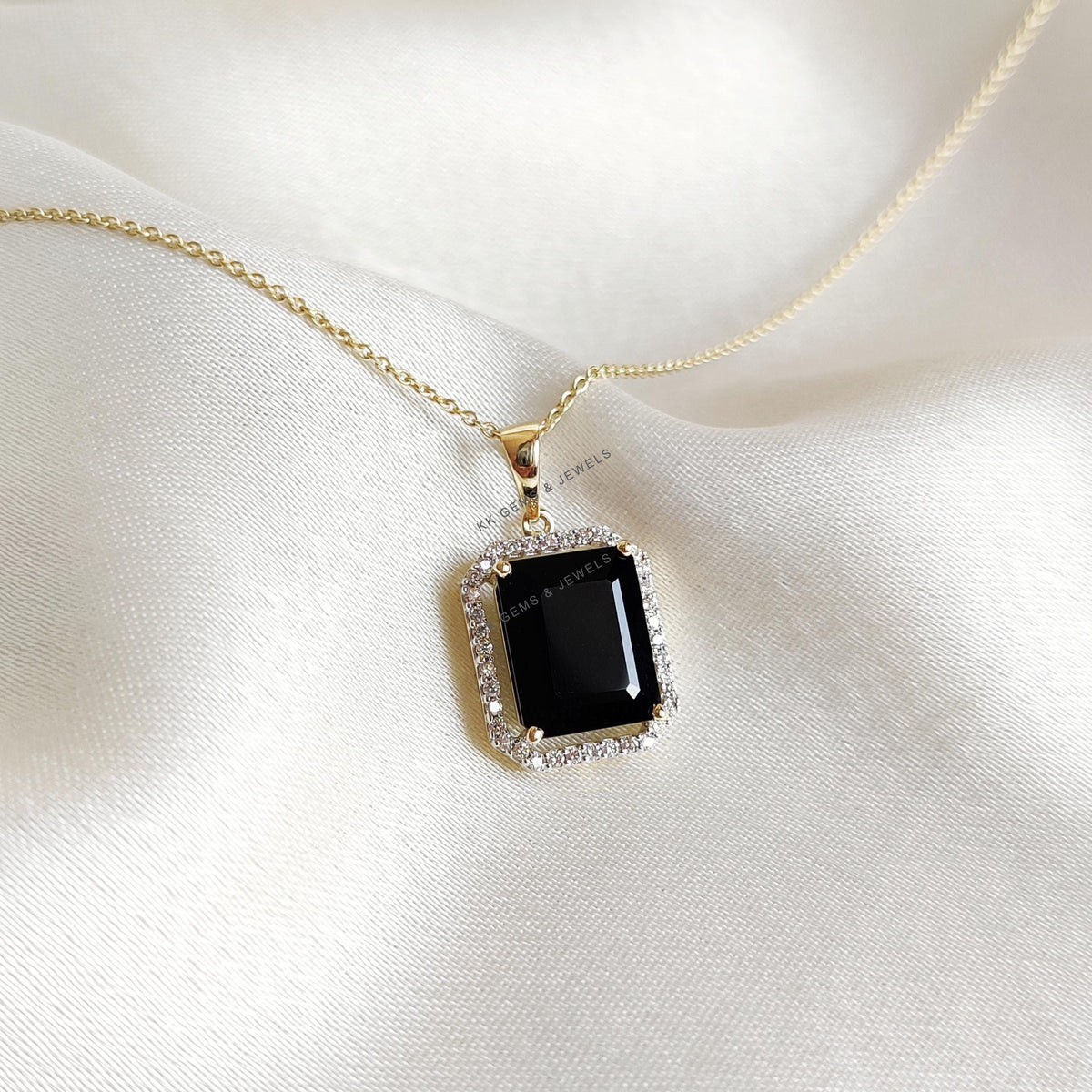 Natural Black Onyx & Diamond 14K Solid Yellow Gold Pendant - December Birthstone