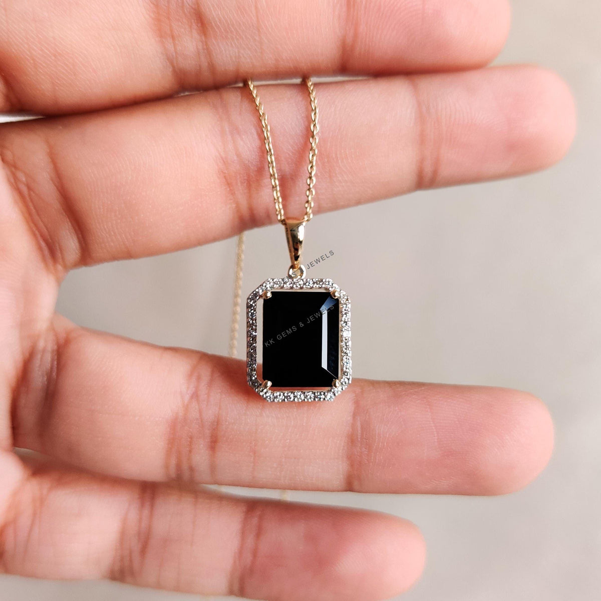 Natural Black Onyx & Diamond 14K Solid Yellow Gold Pendant - December Birthstone