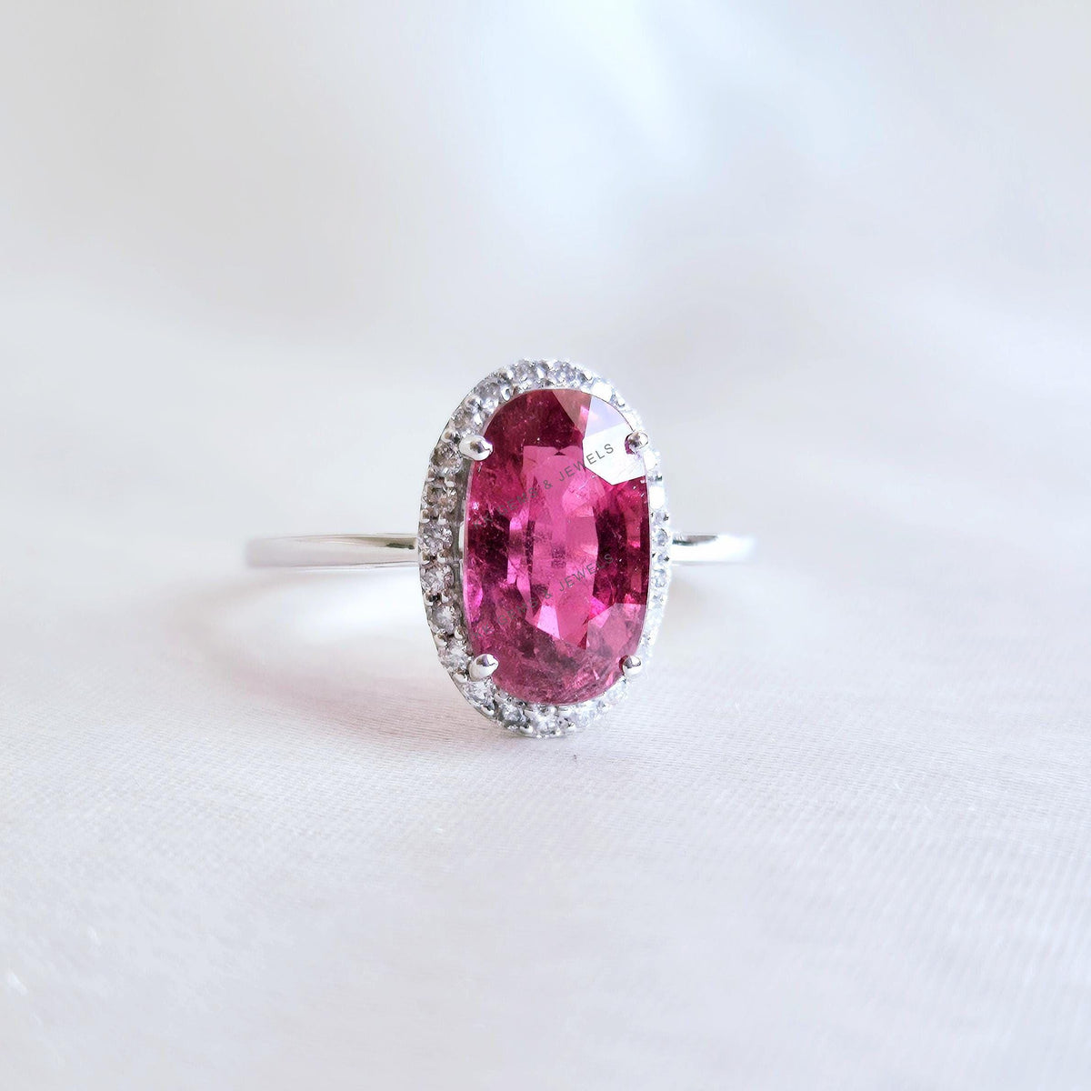 Natural Rubellite Tourmaline & Diamond Ring, 14K Solid White Gold, October Birthstone Wedding Jewelry