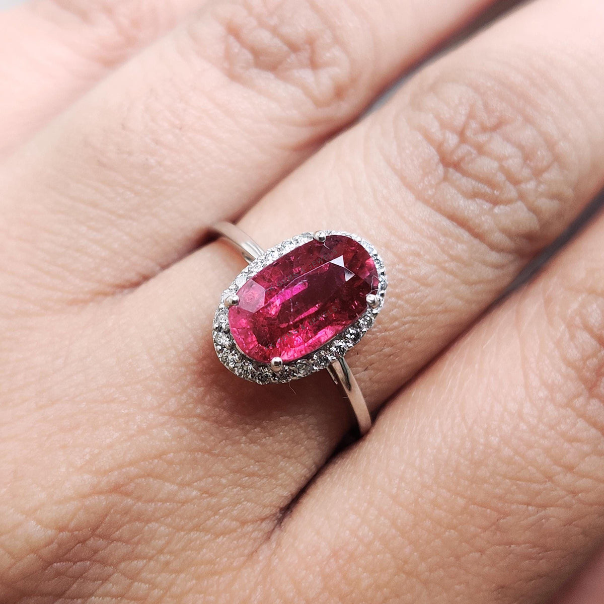 Natural Rubellite Tourmaline & Diamond Ring, 14K Solid White Gold, October Birthstone Wedding Jewelry