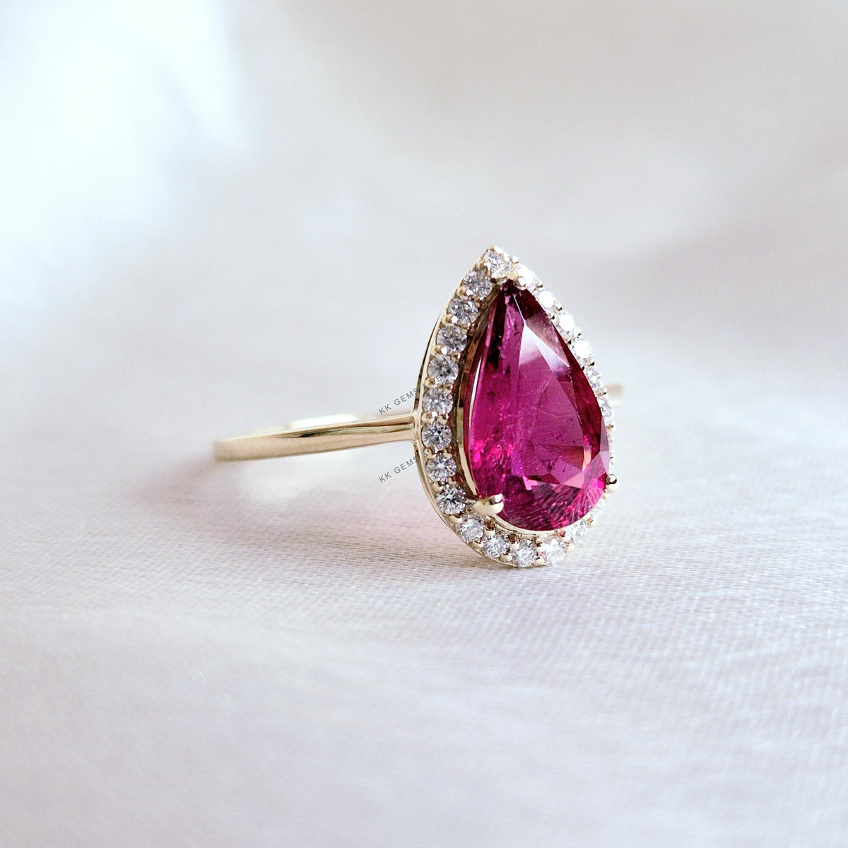 Natural Rubellite Tourmaline & Diamond 14K Solid Yellow Gold Ring, October Birthstone, Wedding Gift