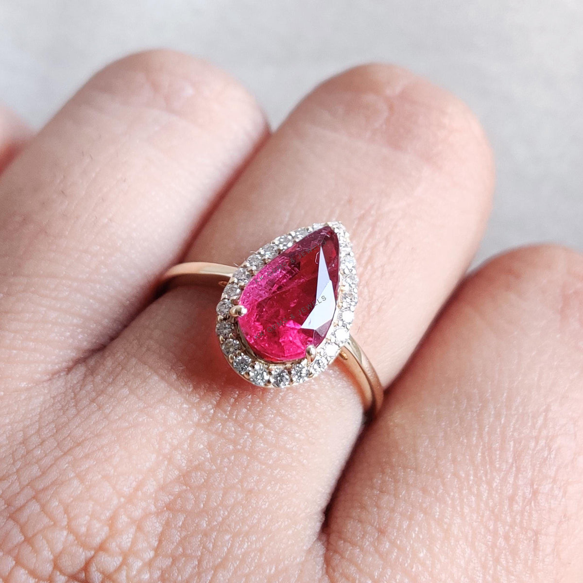 Natural Rubellite Tourmaline & Diamond 14K Solid Yellow Gold Ring, October Birthstone, Wedding Gift