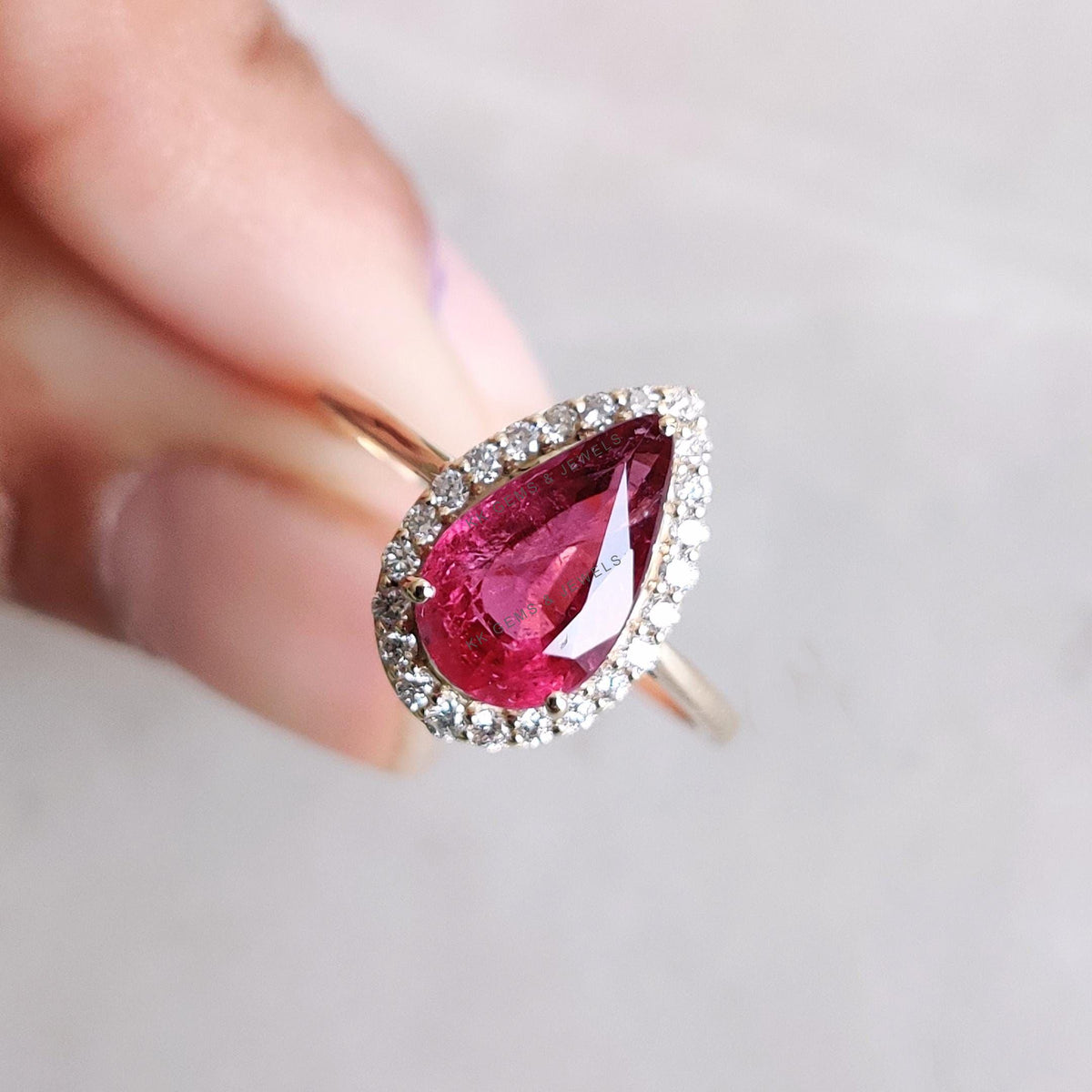 Natural Rubellite Tourmaline & Diamond 14K Solid Yellow Gold Ring, October Birthstone, Wedding Gift