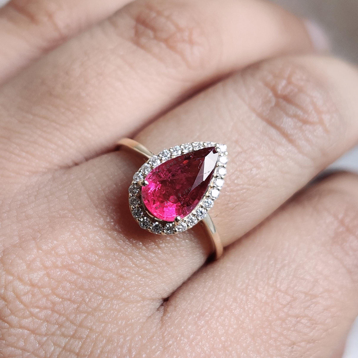 Natural Rubellite Tourmaline & Diamond 14K Solid Yellow Gold Ring, October Birthstone, Wedding Gift