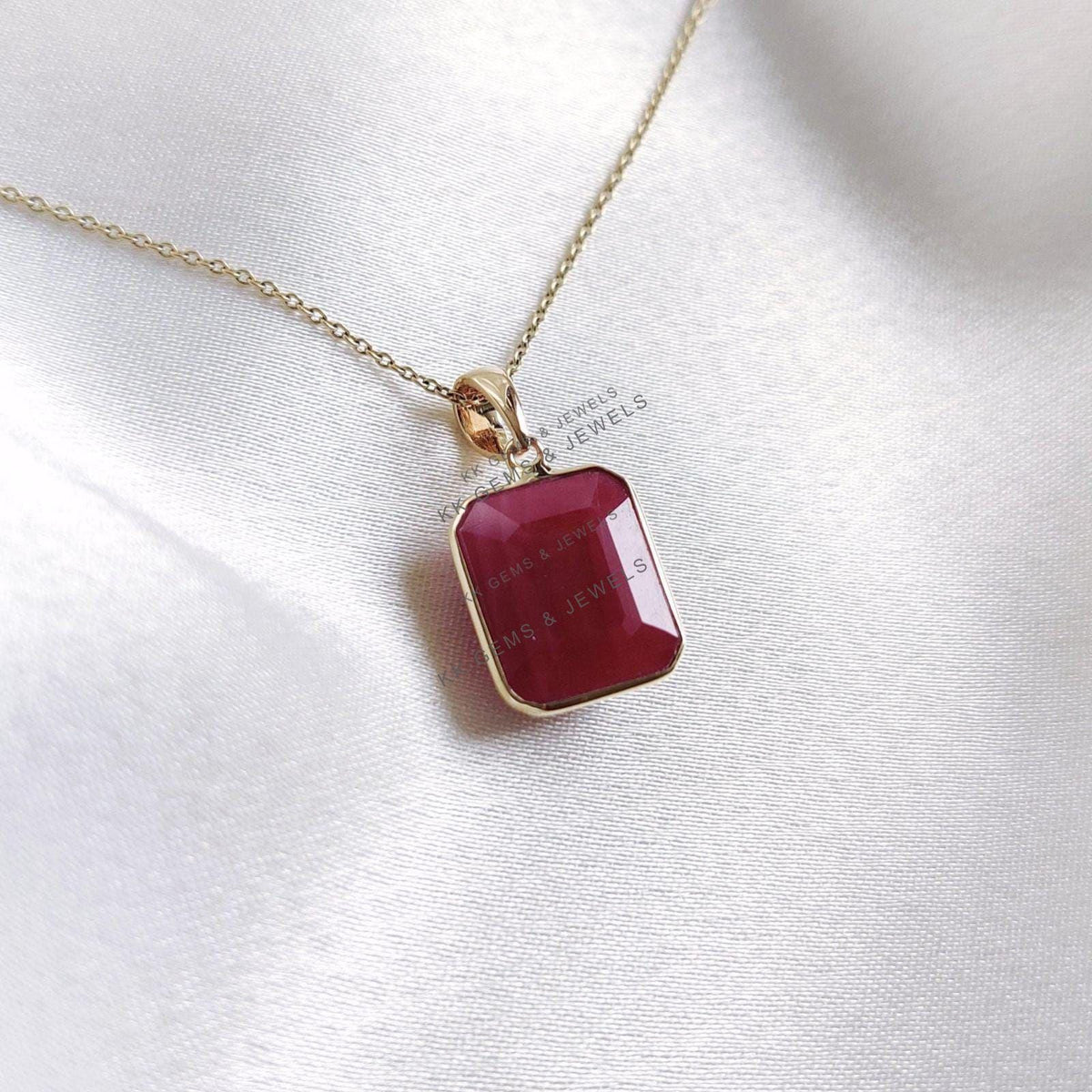 14K Solid Yellow Gold Octagon Natural Ruby Pendant, July Birthstone