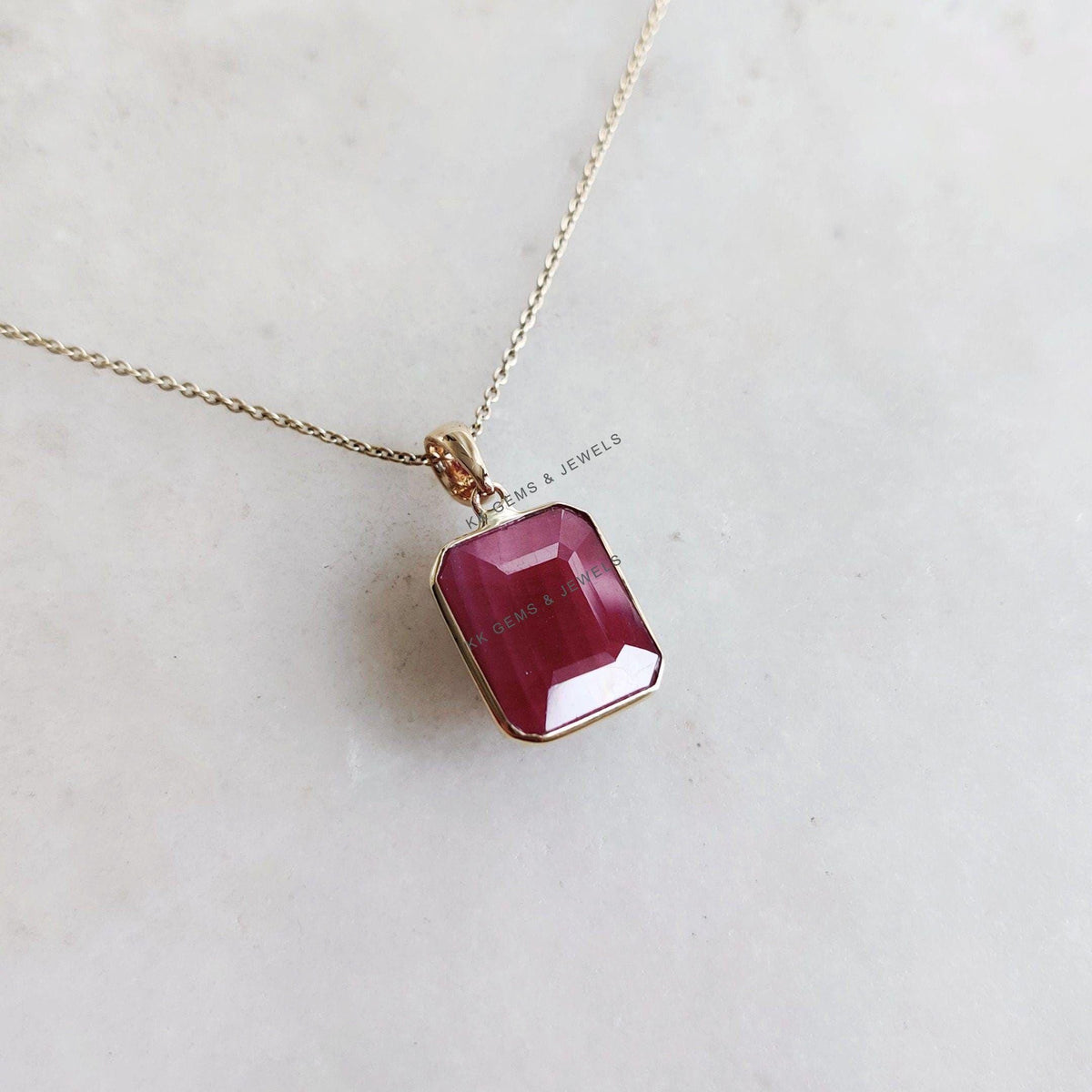 14K Solid Yellow Gold Octagon Natural Ruby Pendant, July Birthstone