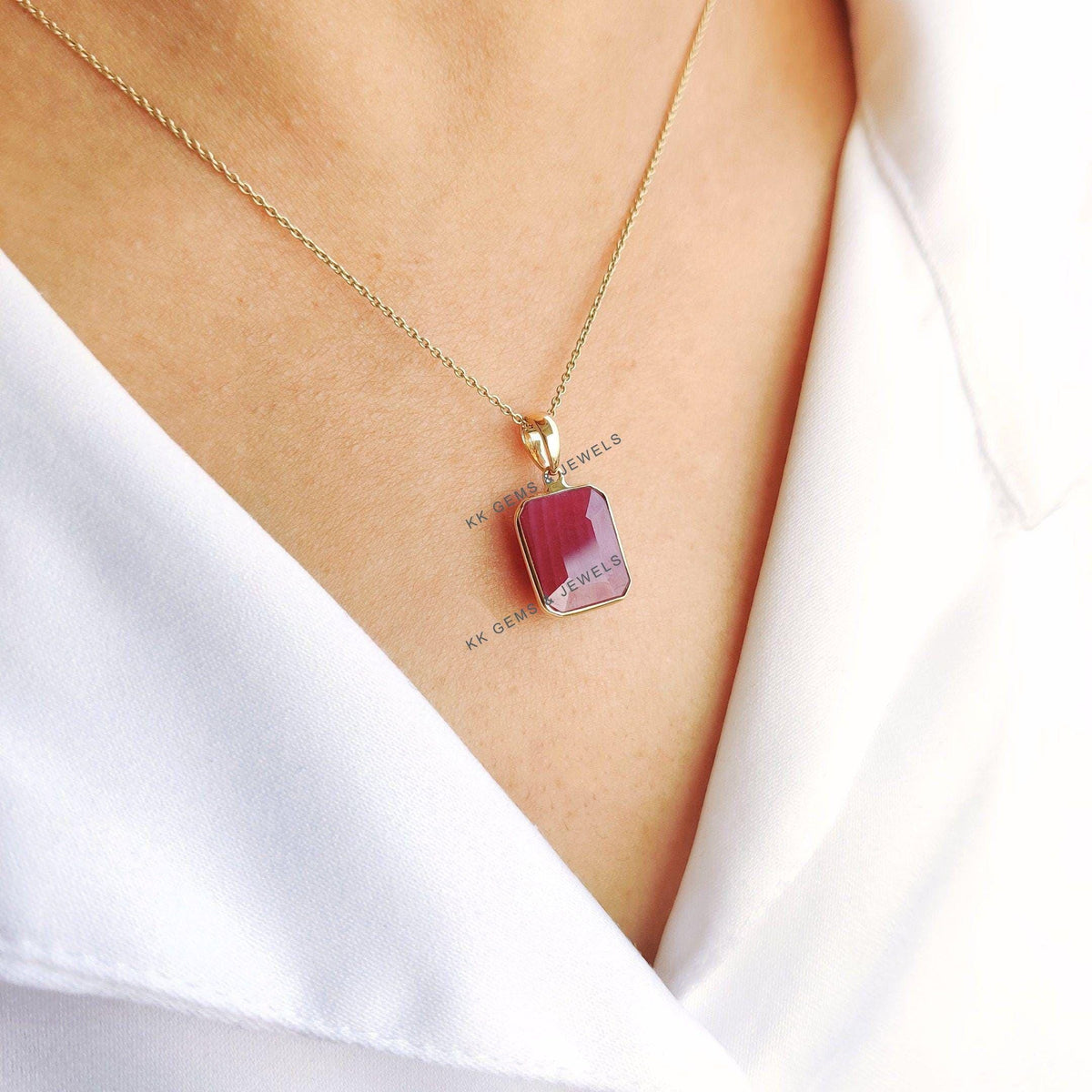 14K Solid Yellow Gold Octagon Natural Ruby Pendant, July Birthstone