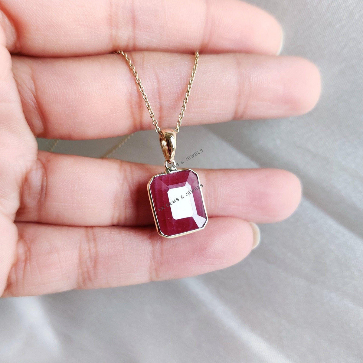 14K Solid Yellow Gold Octagon Natural Ruby Pendant, July Birthstone
