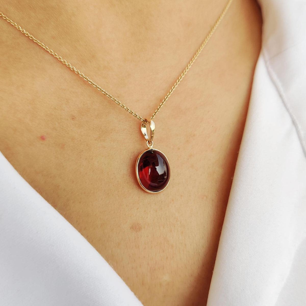 Oval Natural Garnet Bezel Pendant, 14K Solid Yellow Gold, January Birthstone