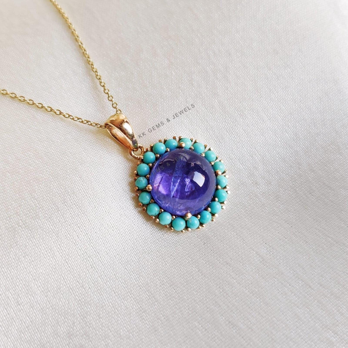 14K Solid Yellow Gold Natural Tanzanite & Turquoise Pendant, December Birthstone