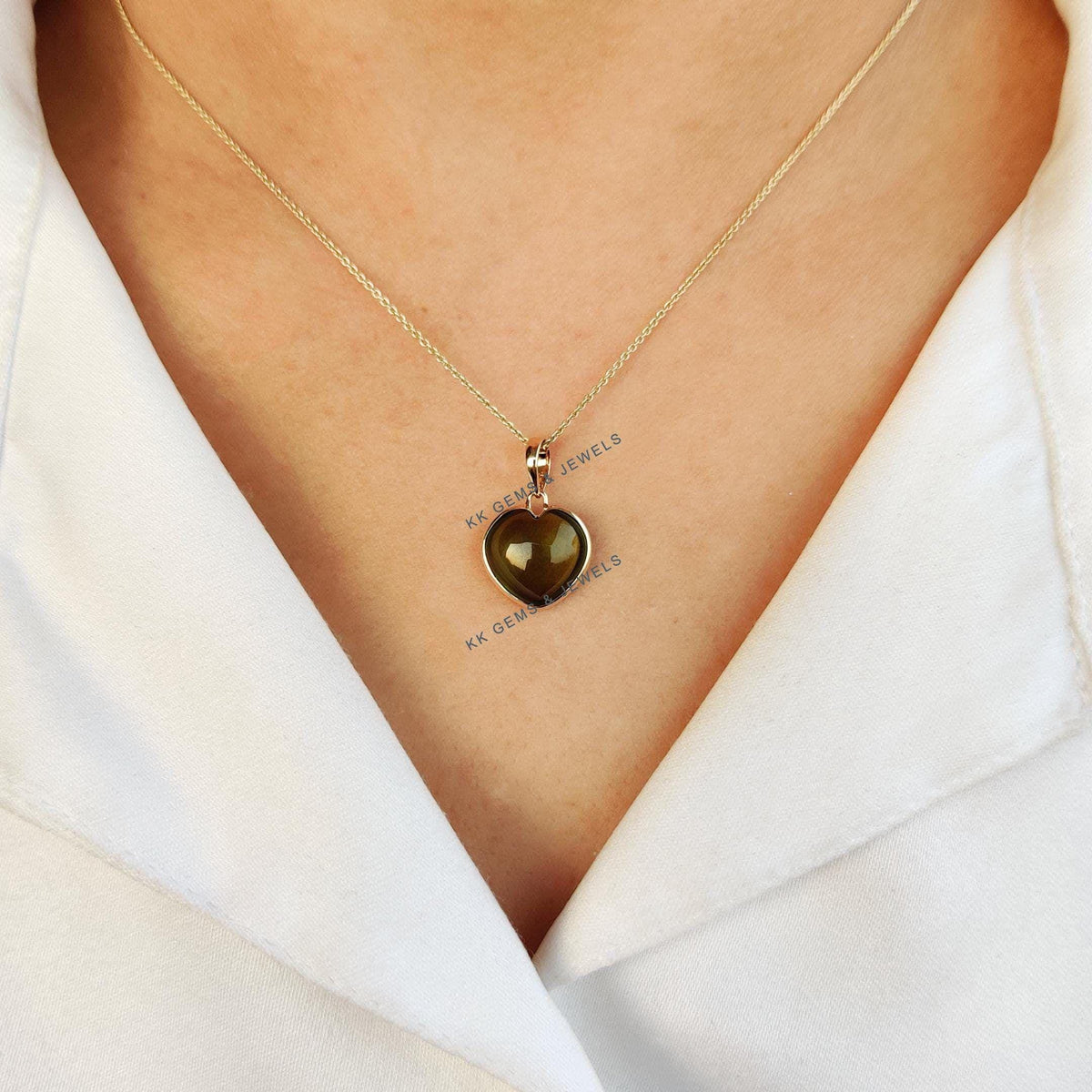 14K Solid Yellow Gold Natural Peridot Heart Pendant, August Birthstone