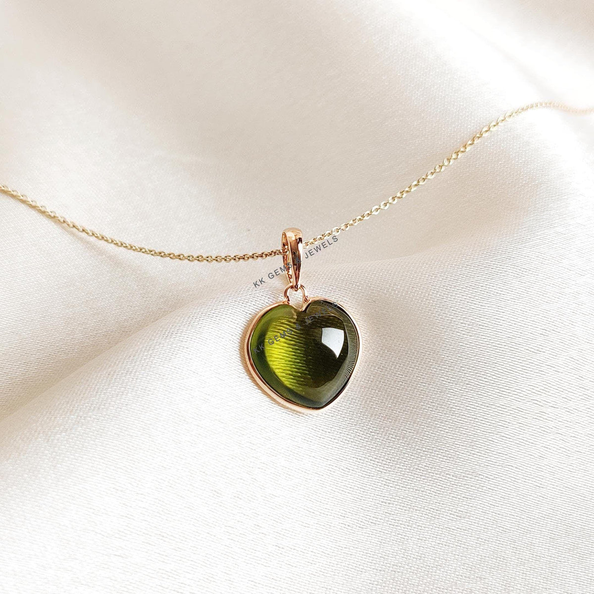 14K Solid Yellow Gold Natural Peridot Heart Pendant, August Birthstone