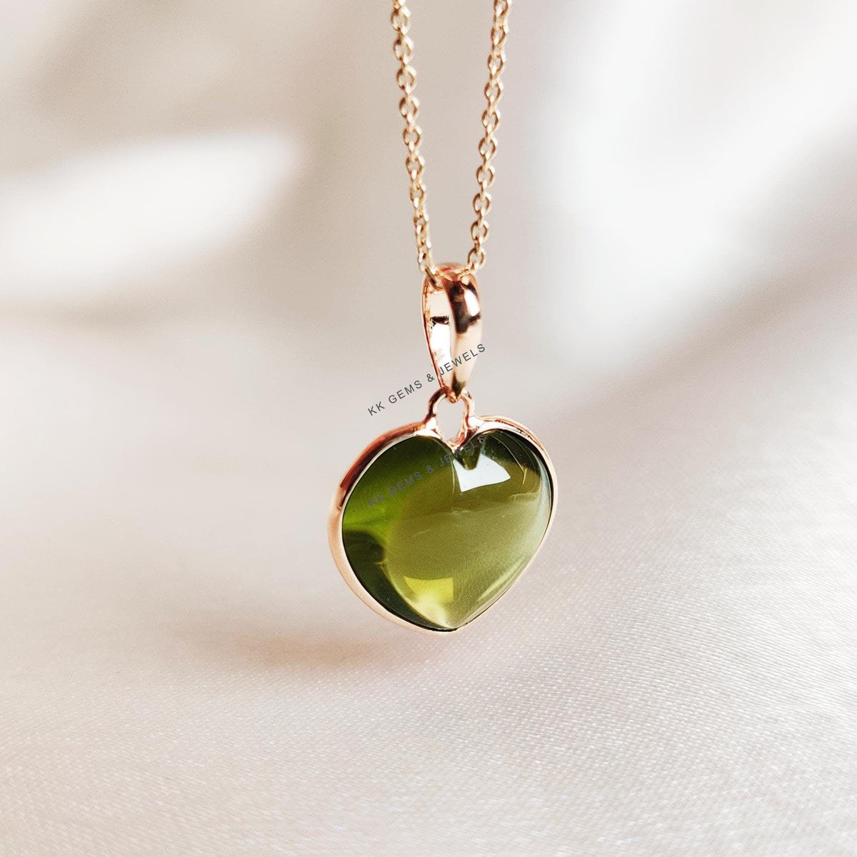 14K Solid Yellow Gold Natural Peridot Heart Pendant, August Birthstone
