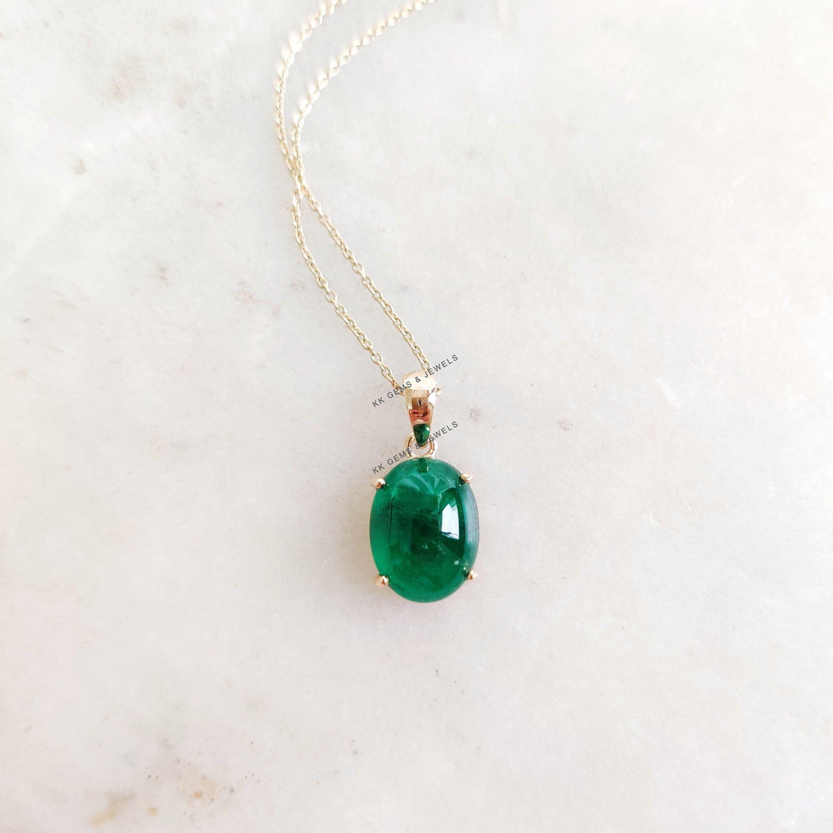 Natural Emerald 14K Solid Yellow Gold Pendant, May Birthstone , Oval Zambian Emerald