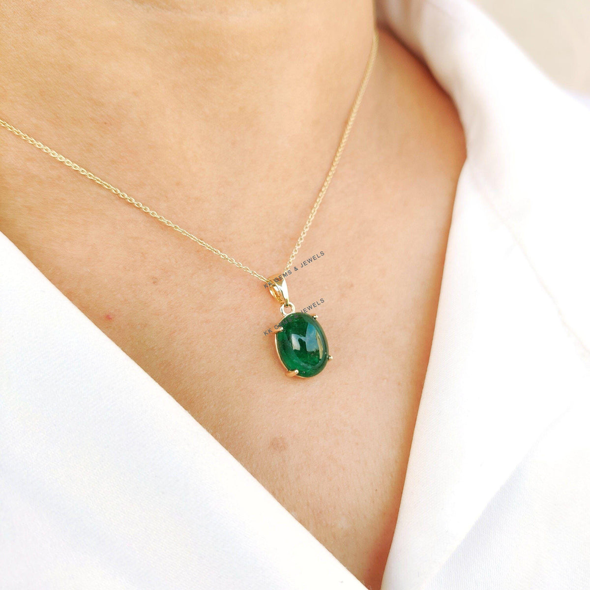 Natural Emerald 14K Solid Yellow Gold Pendant, May Birthstone , Oval Zambian Emerald