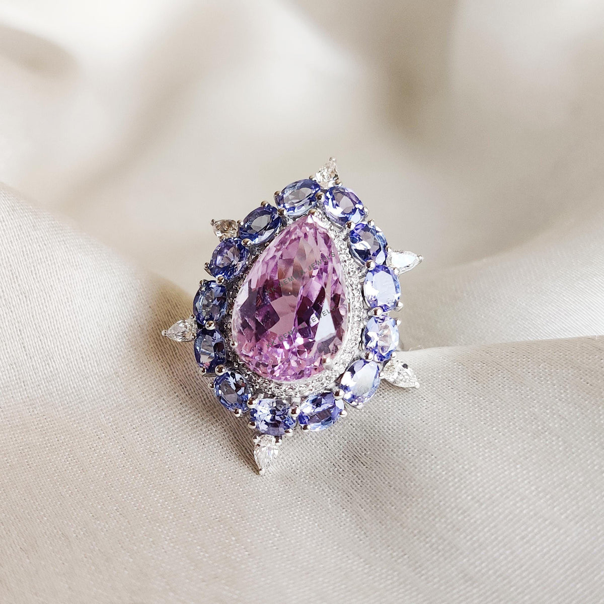Natural Kunzite & Tanzanite and Diamond Ring, 14K Solid White Gold Statement Wedding Ring
