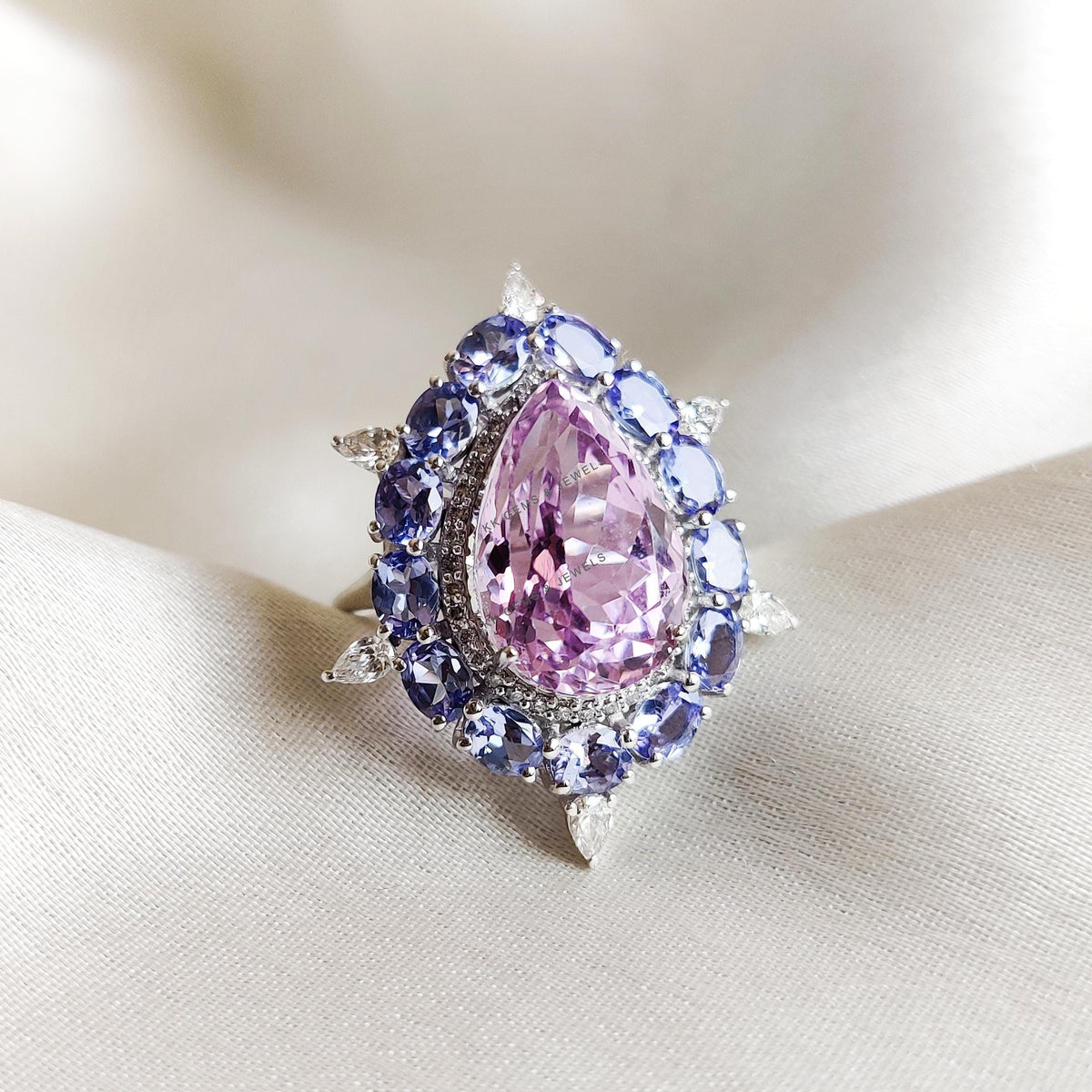 Natural Kunzite & Tanzanite and Diamond Ring, 14K Solid White Gold Statement Wedding Ring