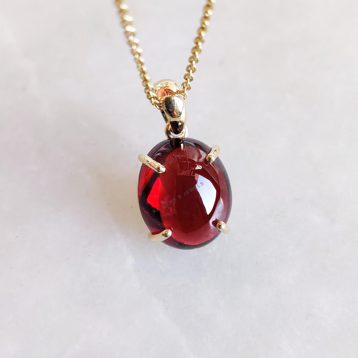 14K Solid Yellow Gold Natural Garnet Pendant, January Birthstone