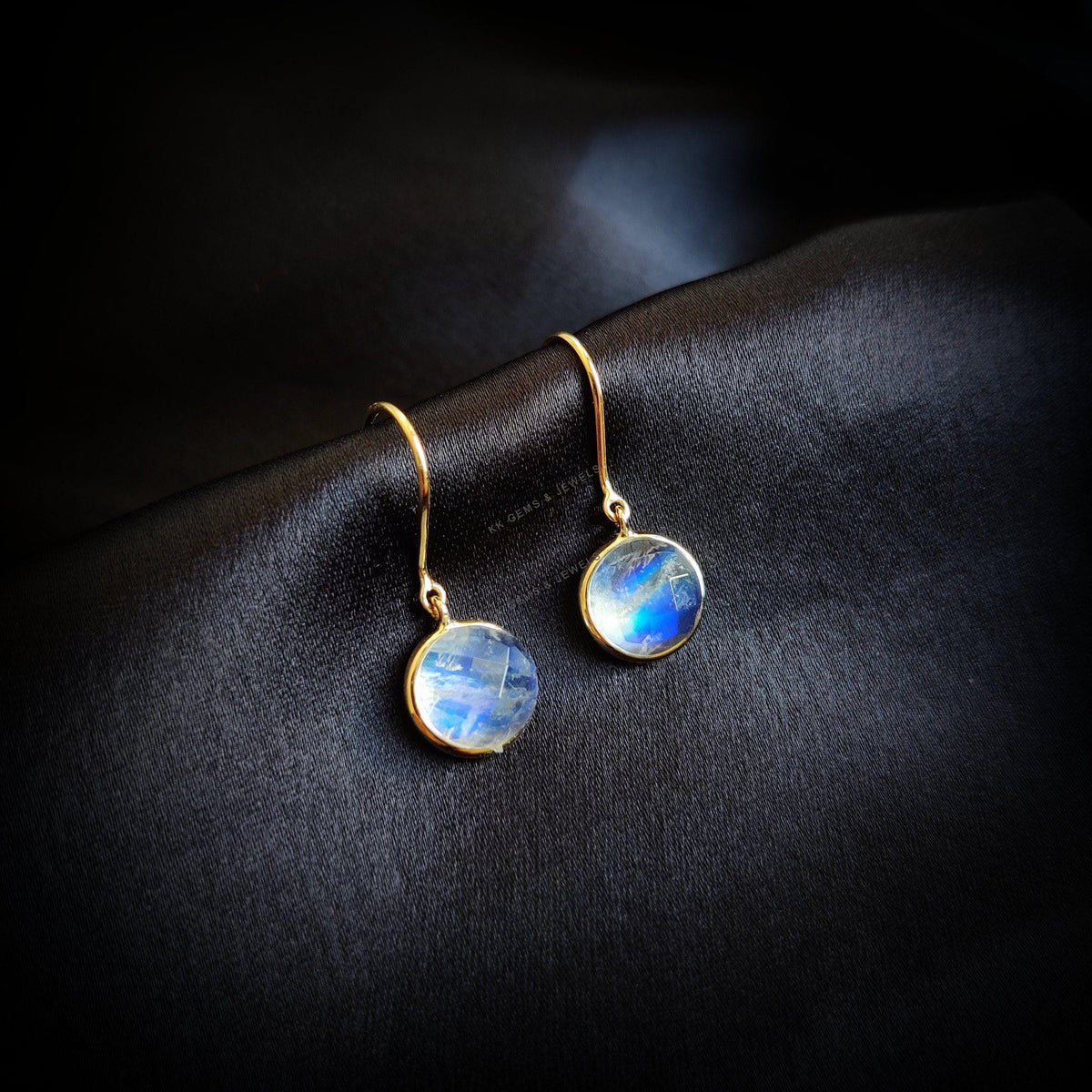 14K Solid Yellow Gold Natural Rainbow Moonstone Drop Earrings, June Birthstone