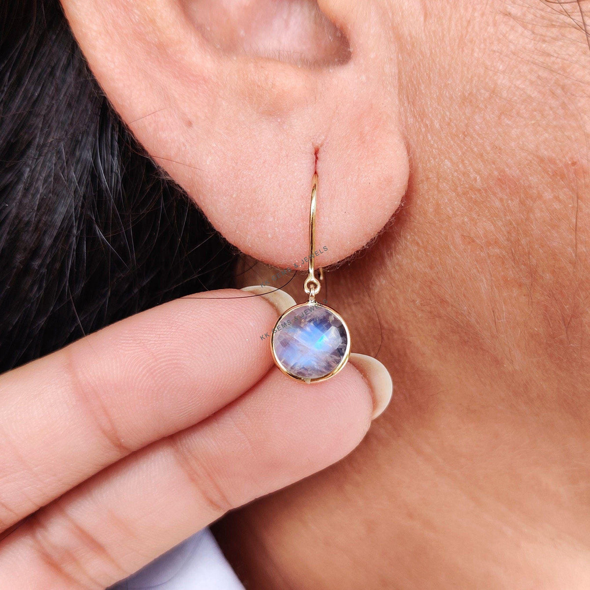 14K Solid Yellow Gold Natural Rainbow Moonstone Drop Earrings, June Birthstone