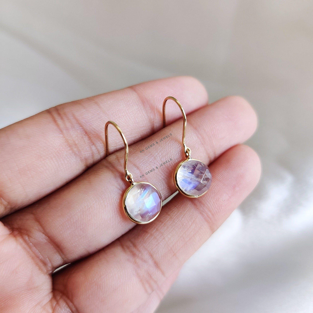 14K Solid Yellow Gold Natural Rainbow Moonstone Drop Earrings, June Birthstone