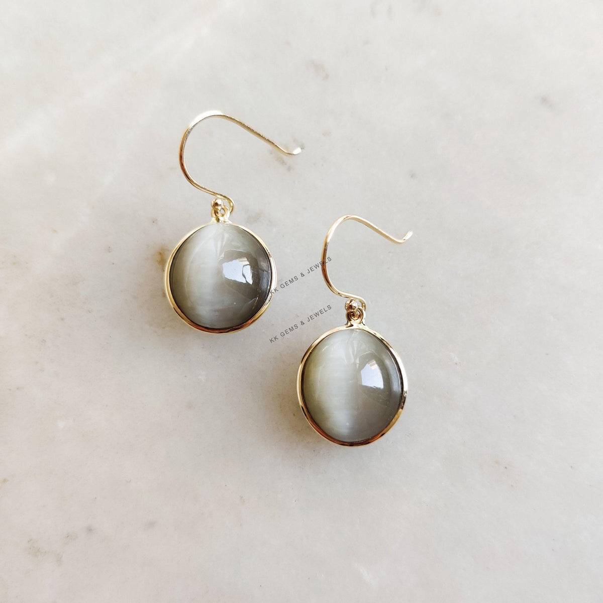 Natural Cat's Eye 14K Solid Yellow Gold Bezel Earring, June Birthstone,