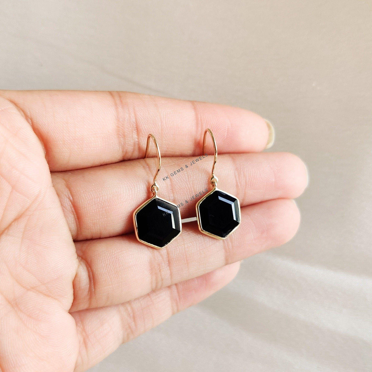 Natural Black Onyx Hexagon 14K Solid Yellow Gold Earrings, December Birthstone Earrings,