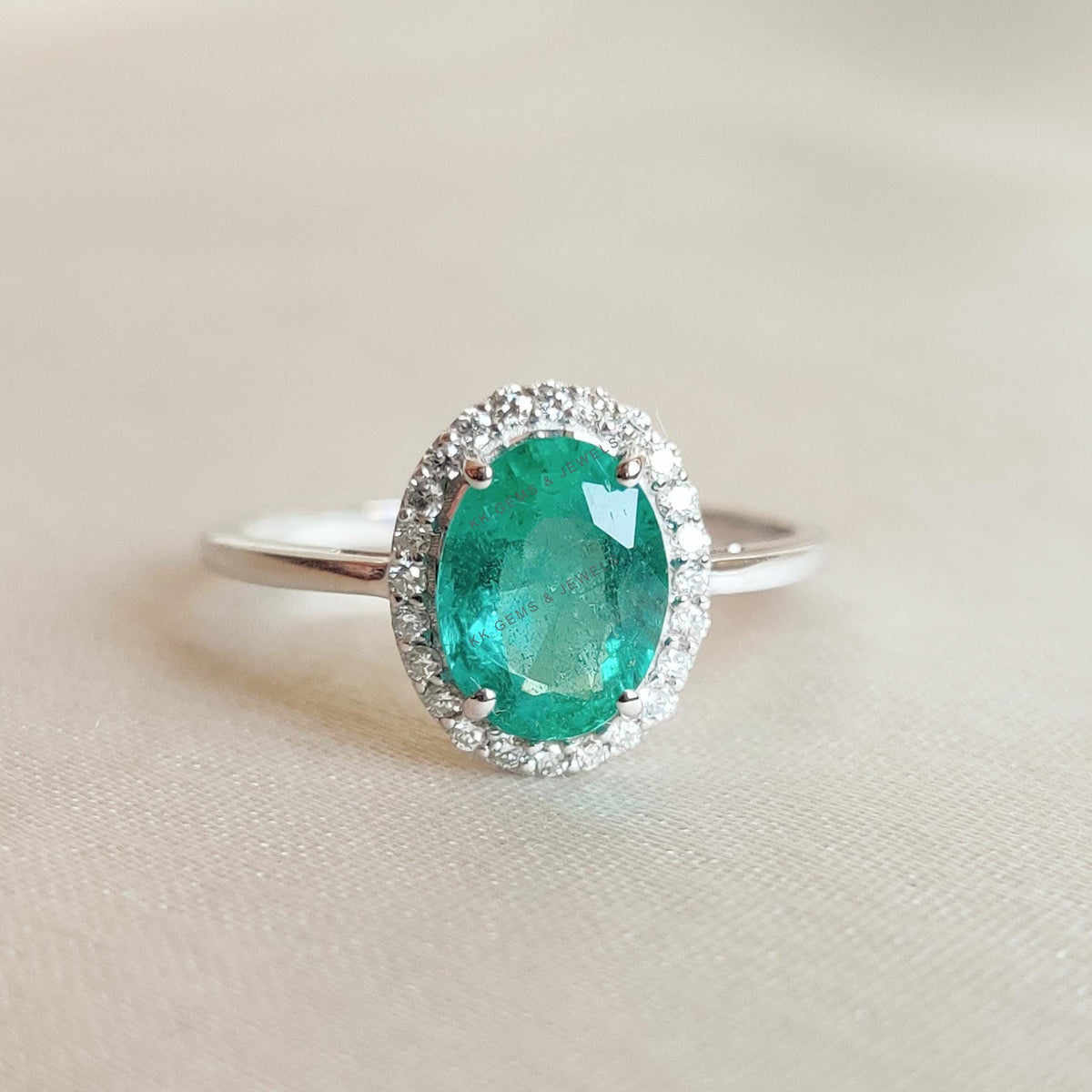 Natural Emerald & Diamond Ring, 14K Solid White Gold, May Birthstone
