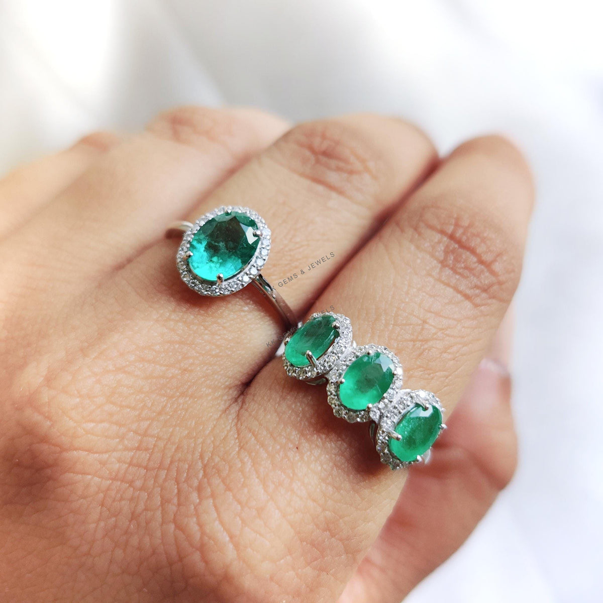 Natural Emerald & Diamond Ring, 14K Solid White Gold, May Birthstone