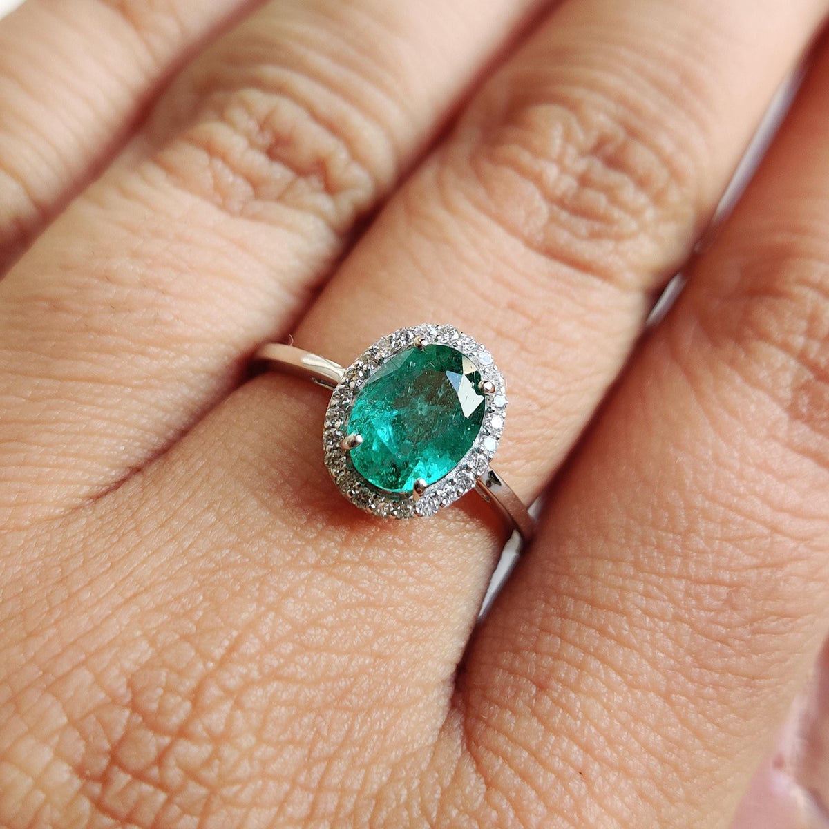 Natural Emerald & Diamond Ring, 14K Solid White Gold, May Birthstone
