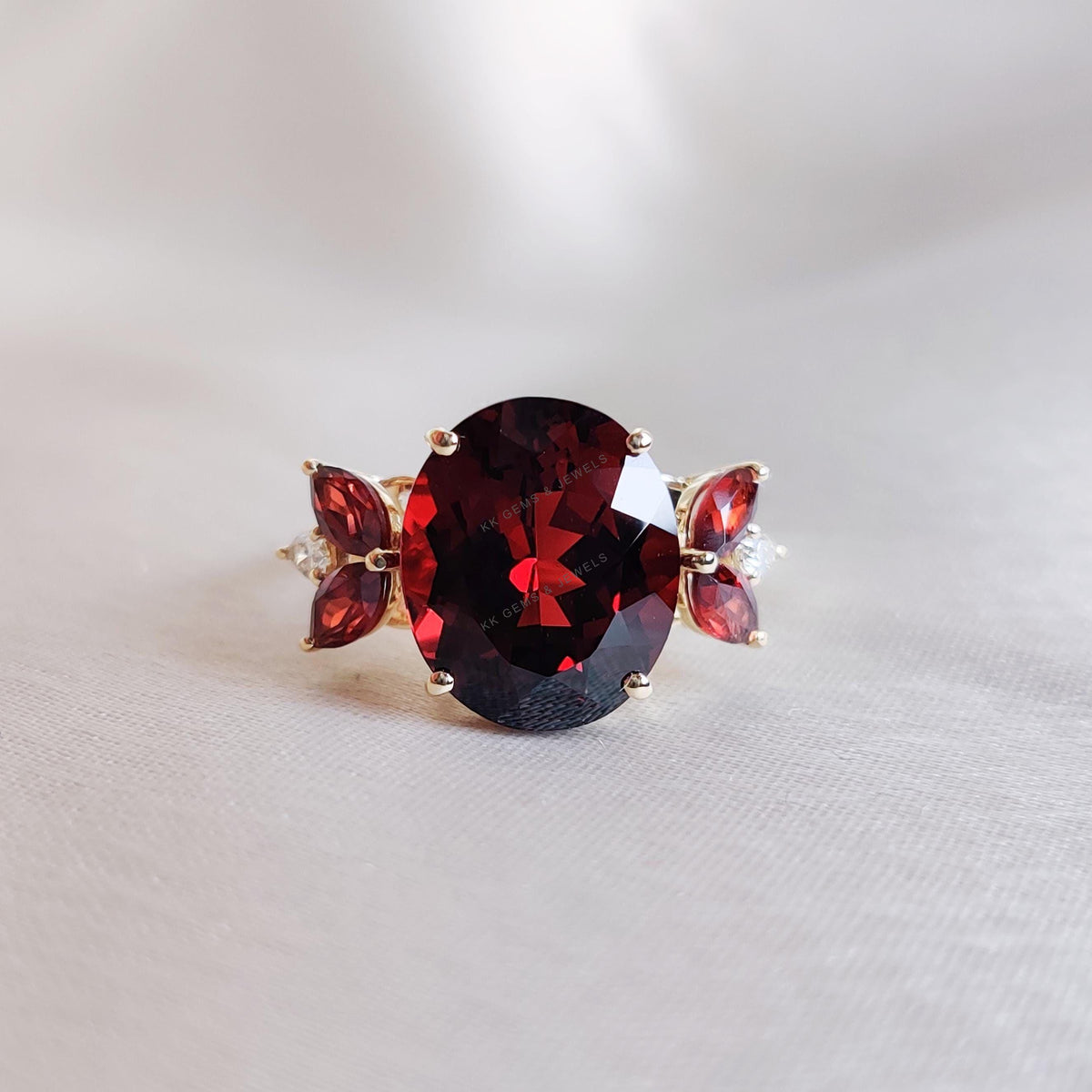 14K Solid Yellow Gold Natural Garnet and Diamond Ring, January Birthstone Statement Ring