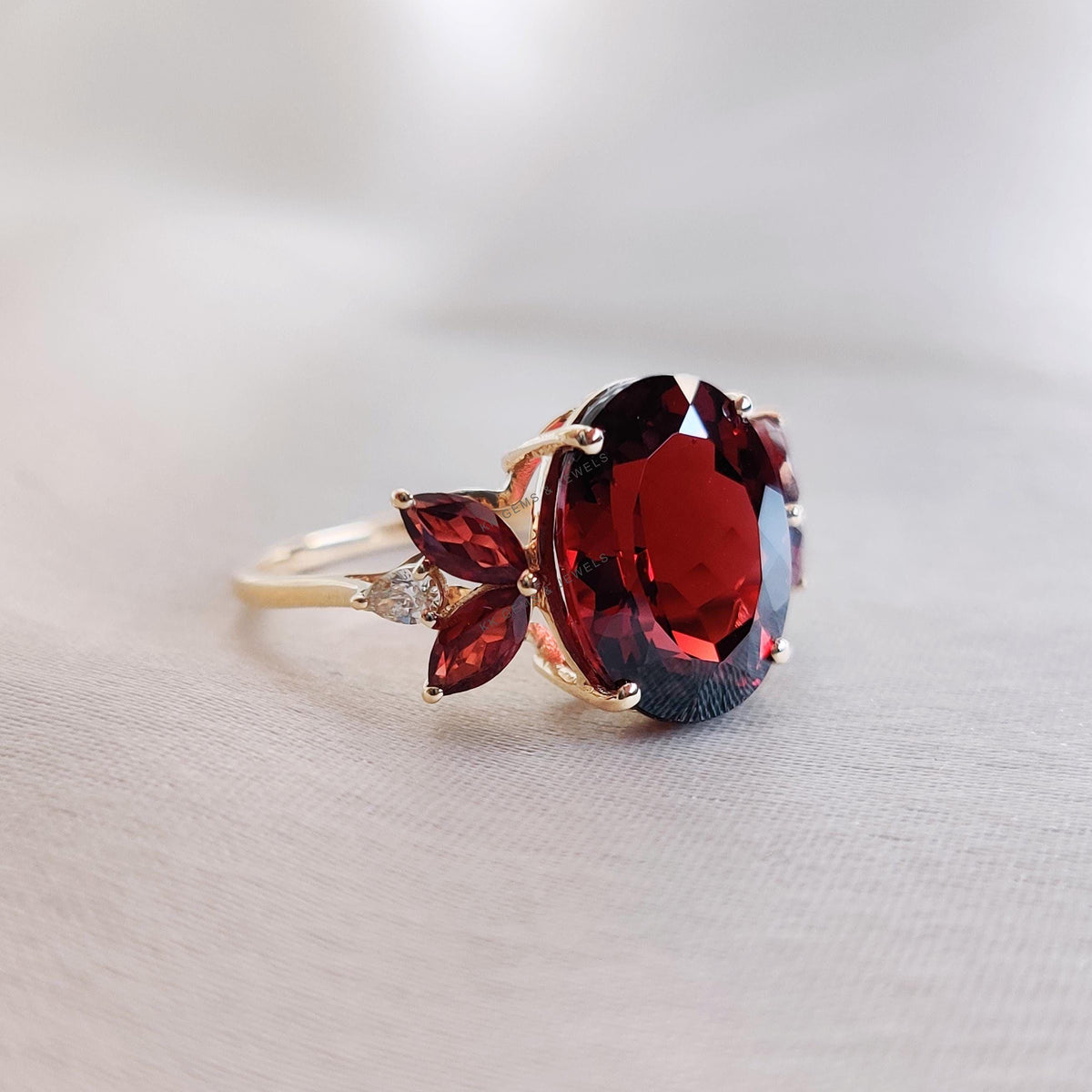 14K Solid Yellow Gold Natural Garnet and Diamond Ring, January Birthstone Statement Ring