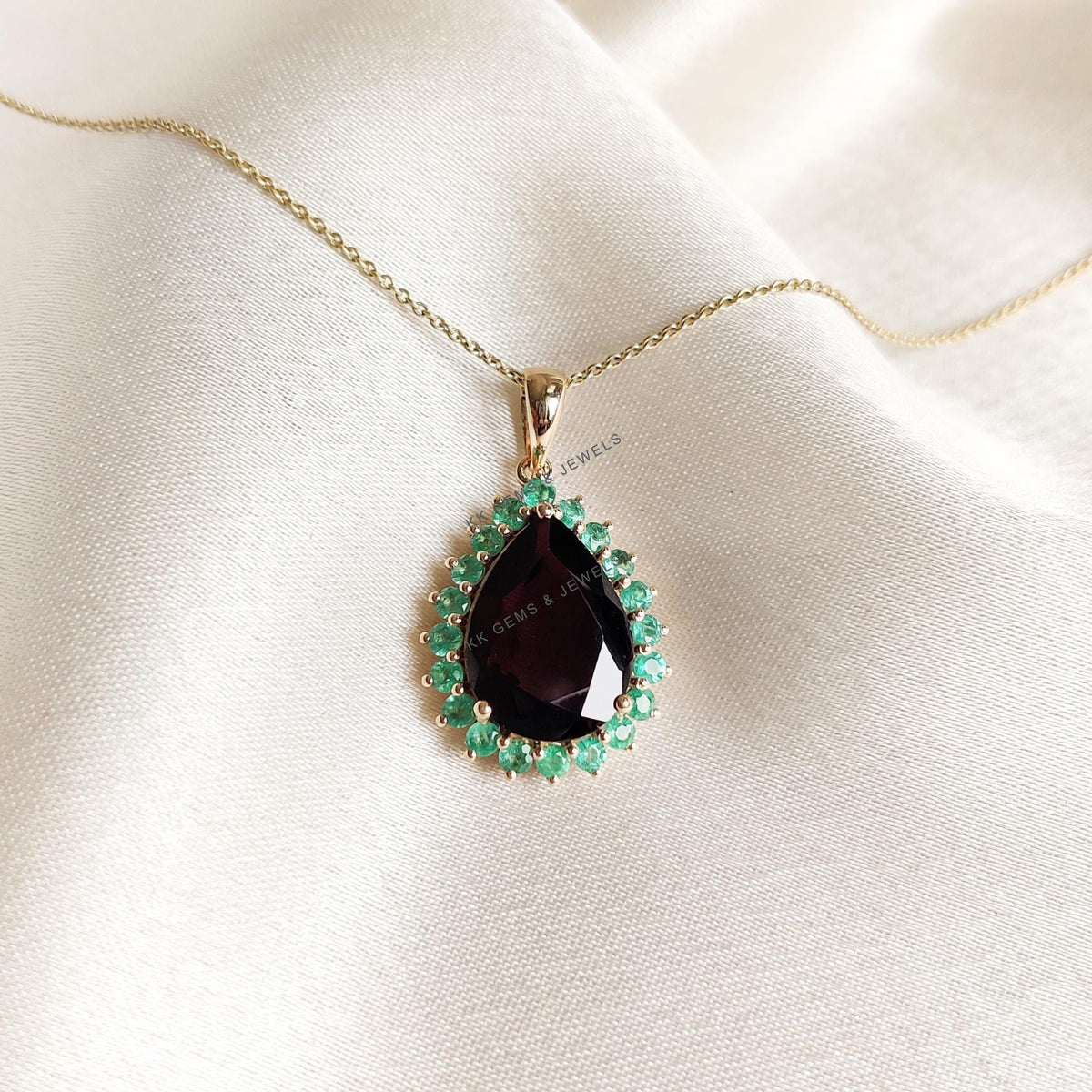 Natural Garnet & Emerald 14K Solid Yellow Gold Pendant, January and May Birthstone