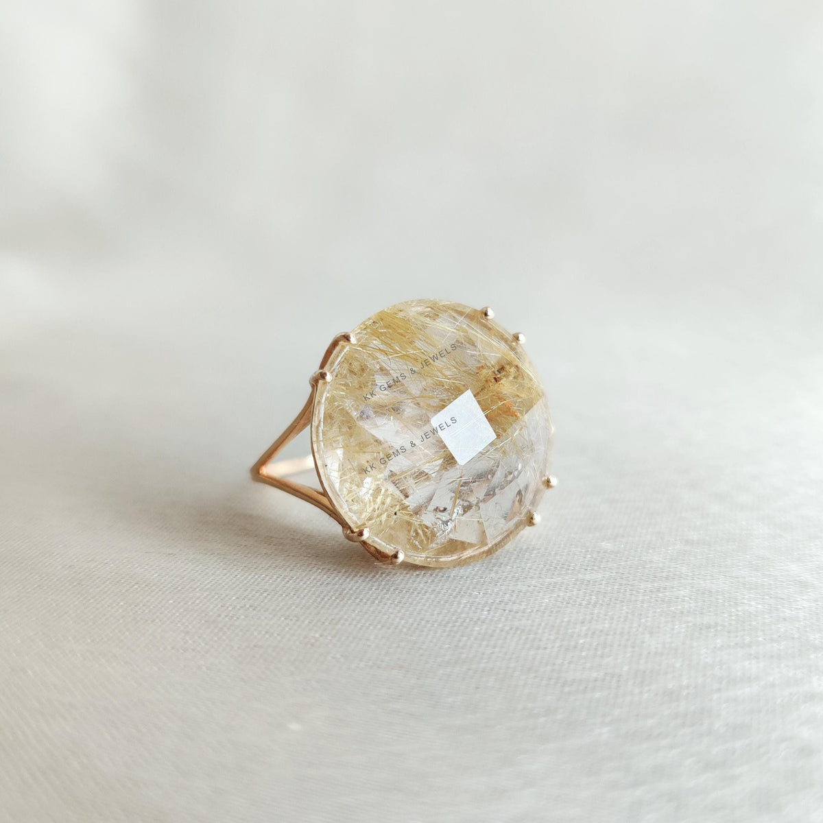 Natural Golden Rutile 14K Solid Yellow Gold Ring, April Birthstone Prong Ring