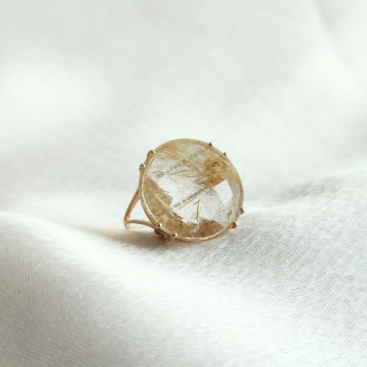 Natural Golden Rutile 14K Solid Yellow Gold Ring, April Birthstone Prong Ring