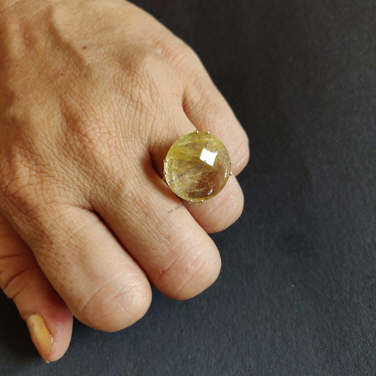 Natural Golden Rutile 14K Solid Yellow Gold Ring, April Birthstone Prong Ring