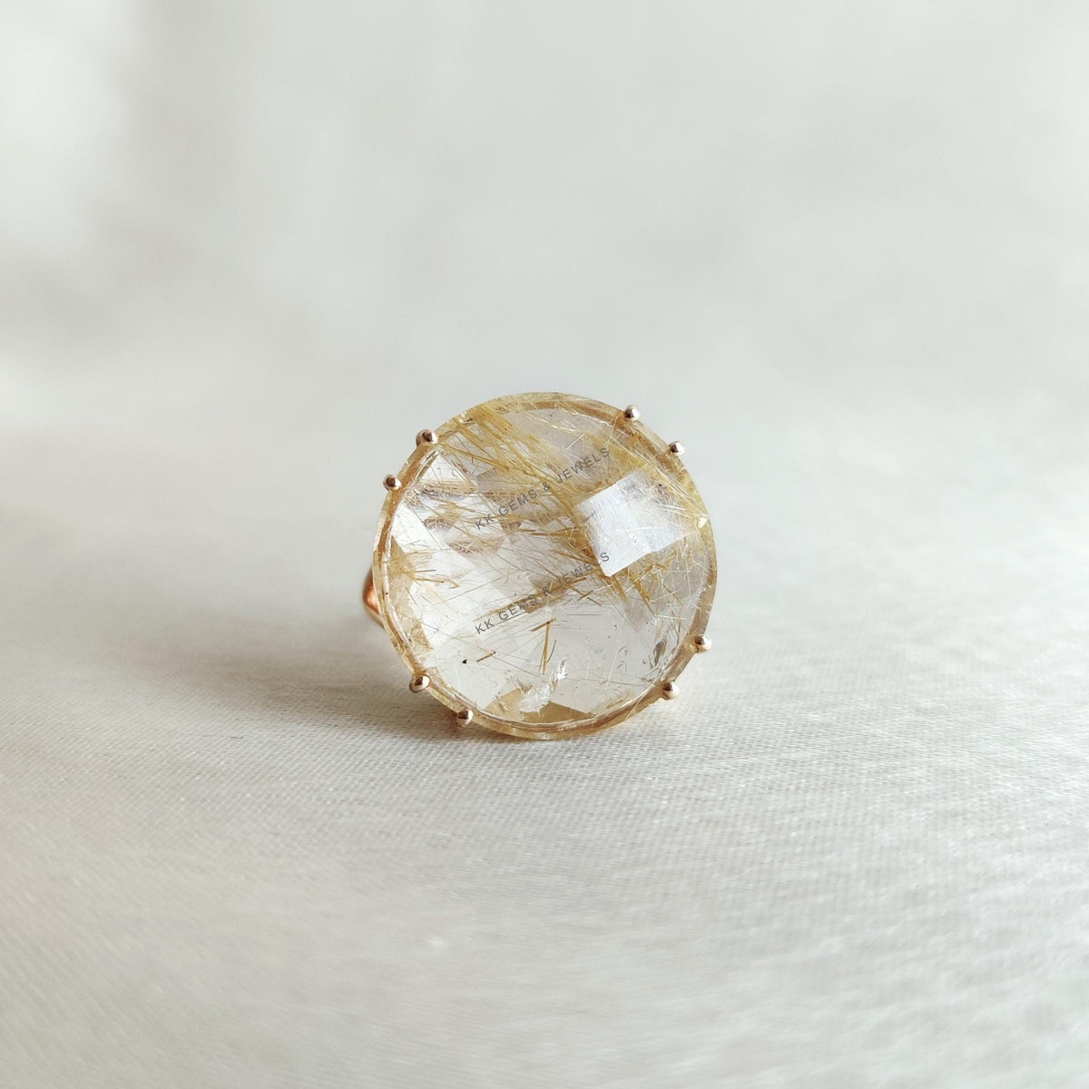 Natural Golden Rutile 14K Solid Yellow Gold Ring, April Birthstone Prong Ring