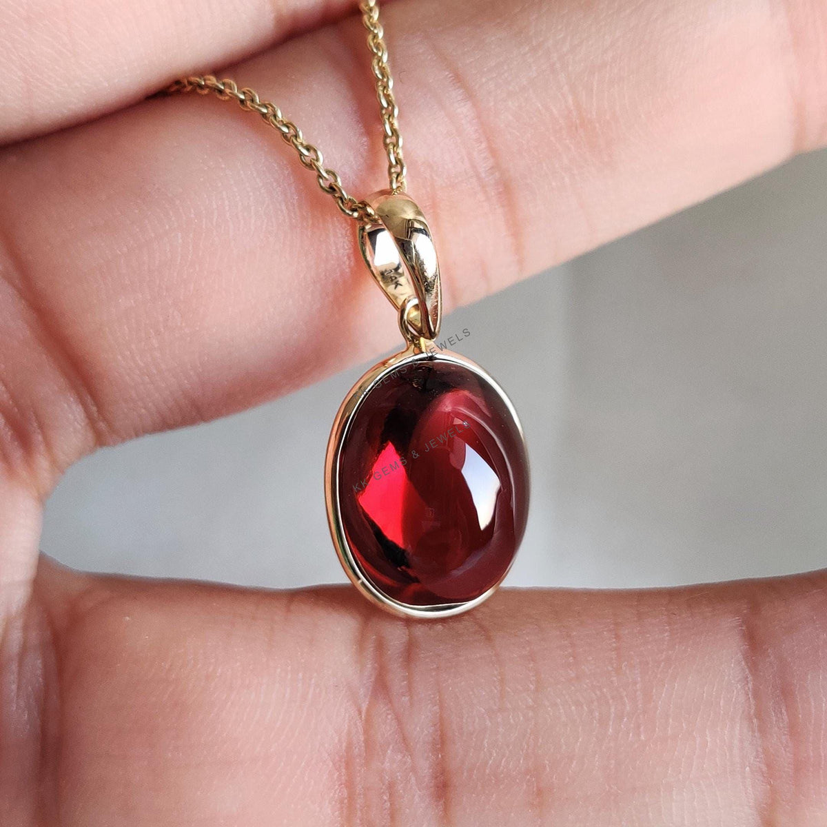 Oval Natural Garnet Bezel Pendant, 14K Solid Yellow Gold, January Birthstone