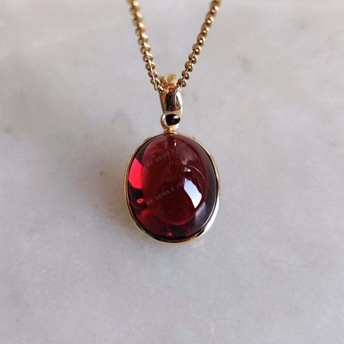 Oval Natural Garnet Bezel Pendant, 14K Solid Yellow Gold, January Birthstone