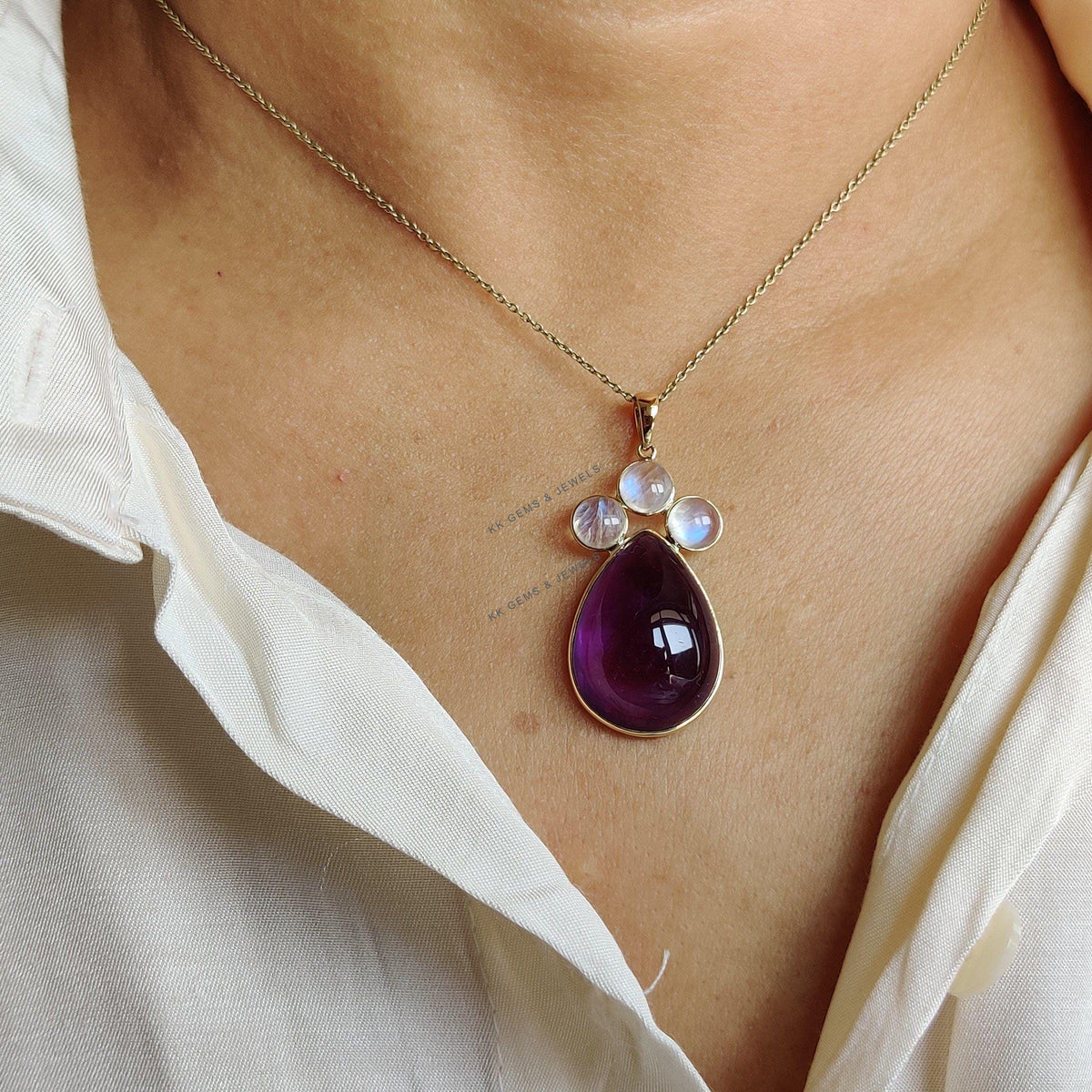 14K Solid Yellow Gold Natural Purple Amethyst & Rainbow Moonstone Pendant, February Birthstone