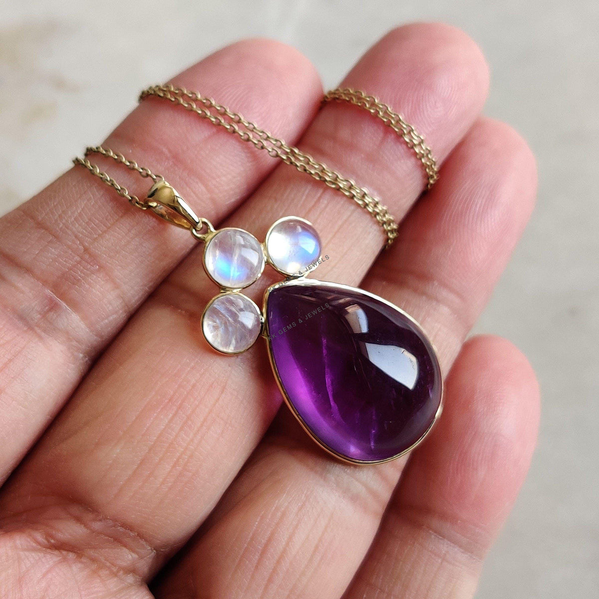 14K Solid Yellow Gold Natural Purple Amethyst & Rainbow Moonstone Pendant, February Birthstone