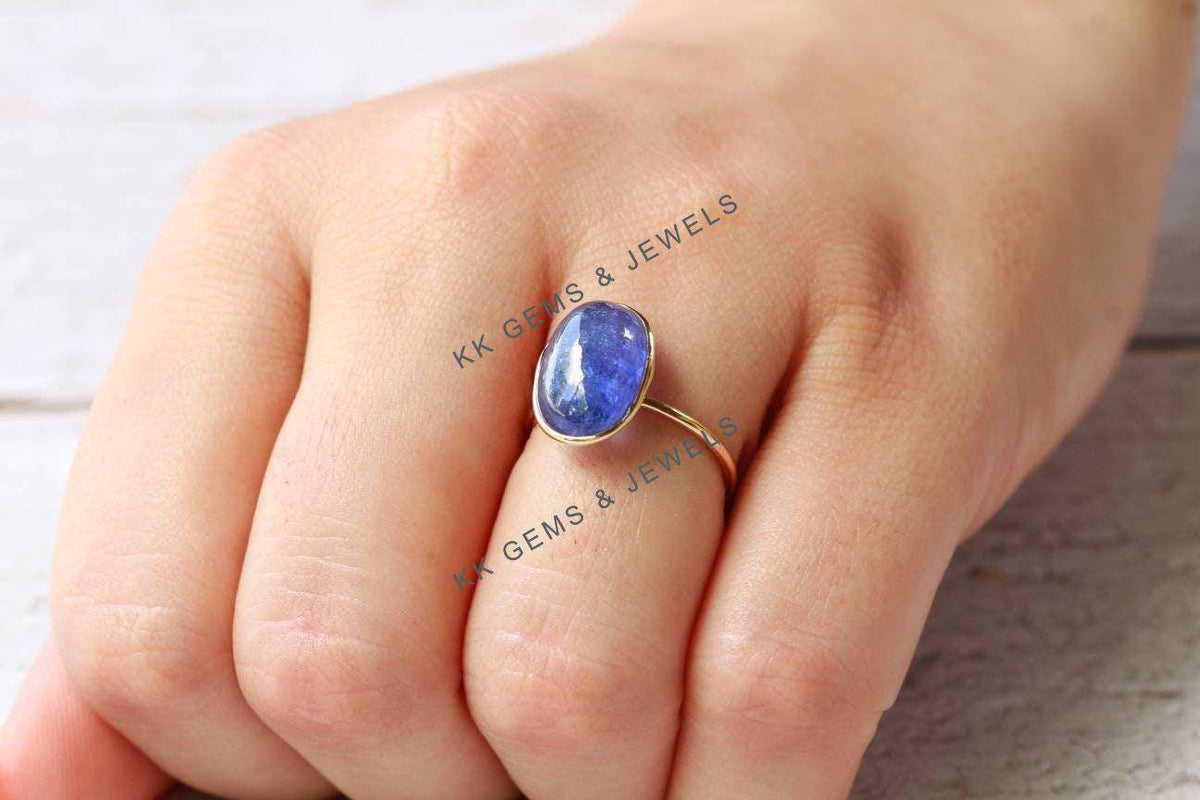 Natural Tanzanite Ring: 14K Solid Yellow Gold Bezel, December Birthstone