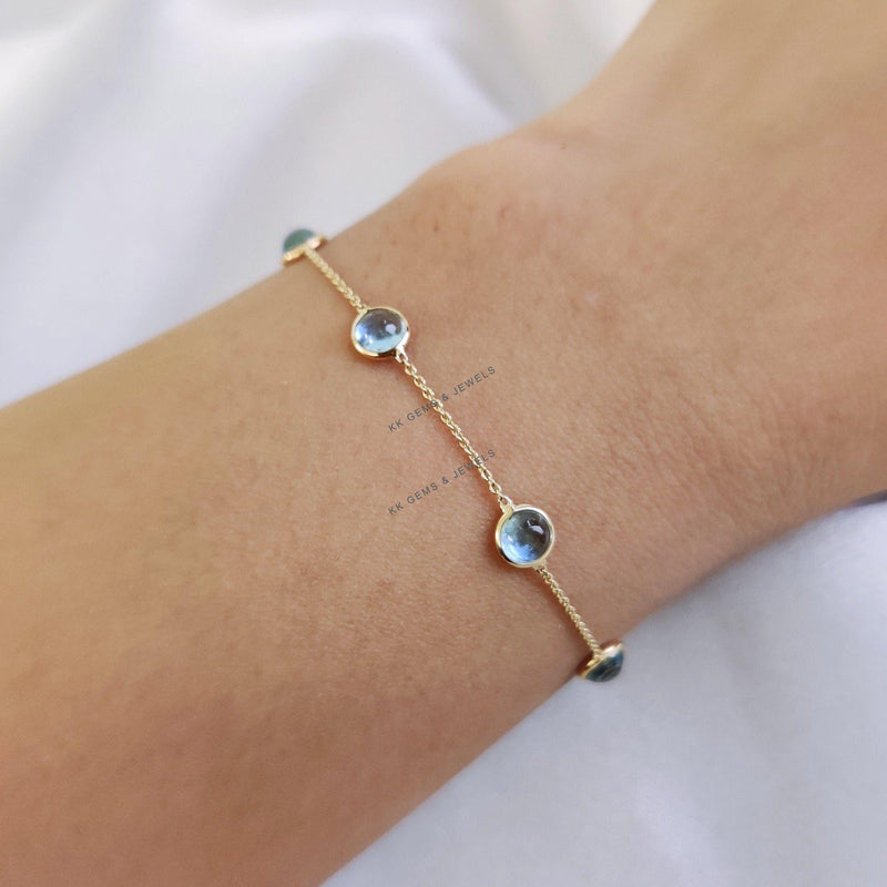 Natural Aquamarine 14K Solid Yellow Gold Bracelet, Bezel Set March Birthstone Bracelet,